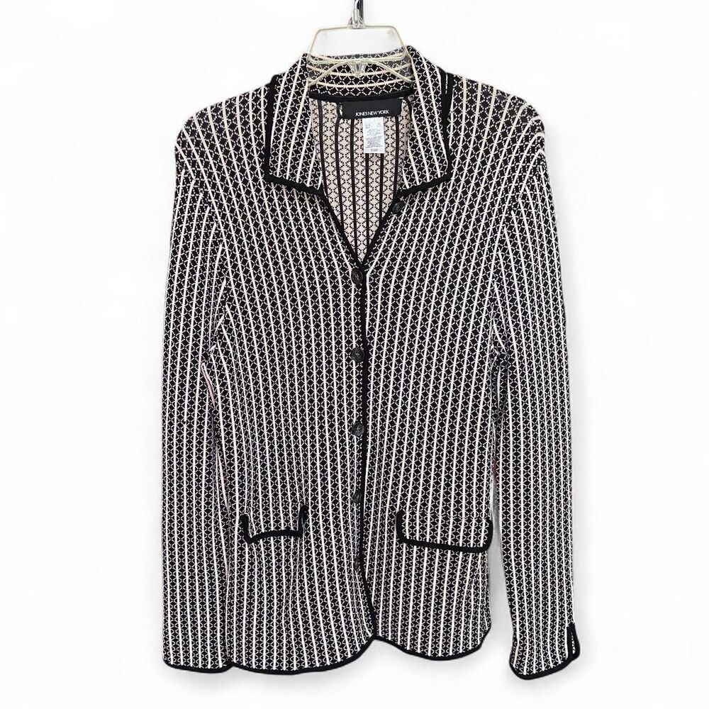 Jones New York Black and white striped knit blazer size XL